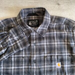Carhartt Mens Relaxed Fit Flannel Shirt Grey Plaid Long Sleeve Button Down Sz M